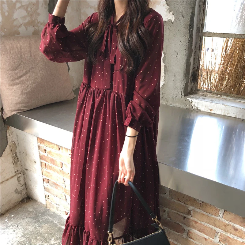 

Elegant Polka Dots Print Women Chiffon Dress Vintage Loose Long Dress Lace-up Female A-line Spring