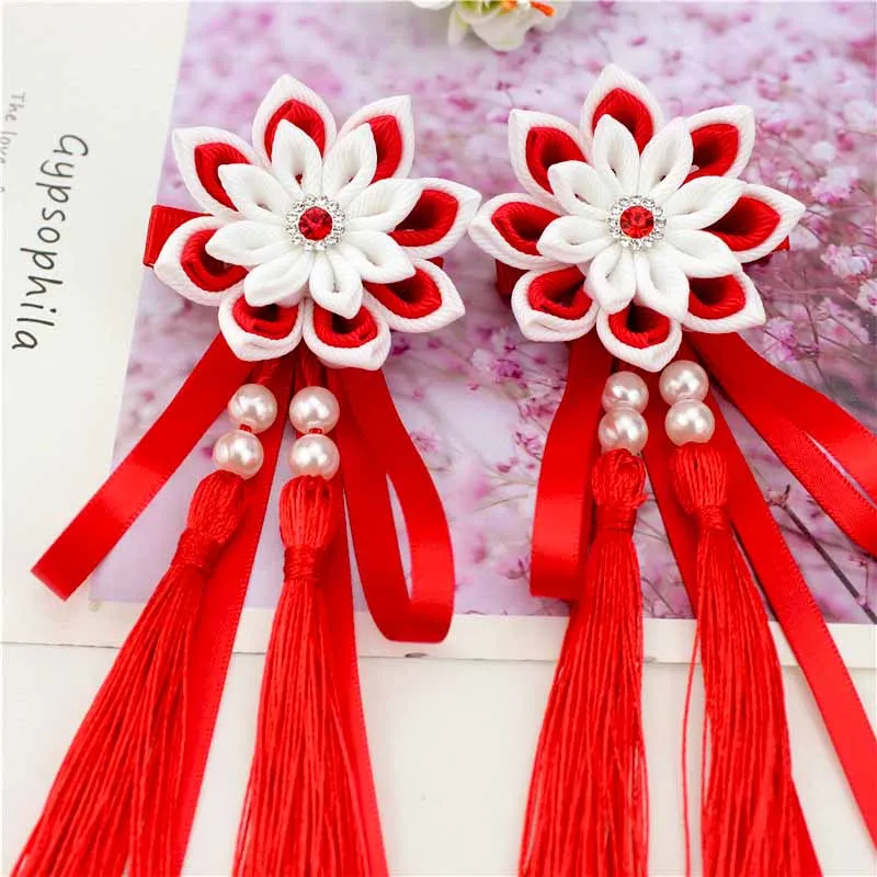 

1 Pair Ken-tsumami Kanzashi Flower Hair clip Ribbon Tassel Traditional Japanese Style Kimono Accessory Geisha Outfit HW050