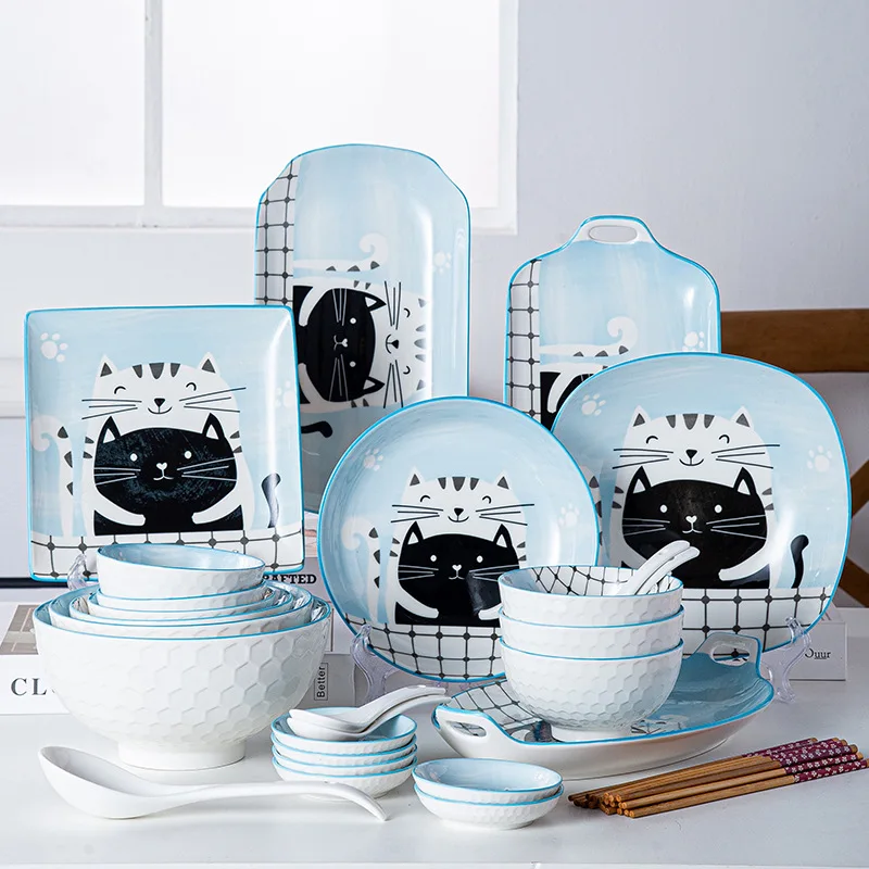 

New cartoon cat ceramic bowl chopsticks set creative gift household dishes and tableware underglaze color