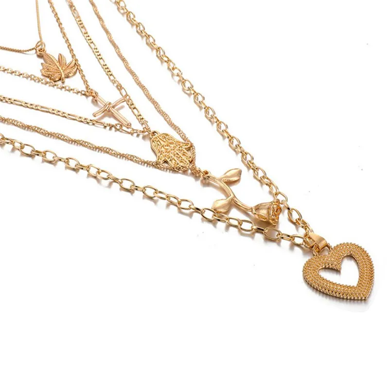 

Boho Big Heart Gold Chain Necklace Multilayer Cross Necklace For Women Hamsa Hand Pendant Flower Necklaces Gift Set Jewelry