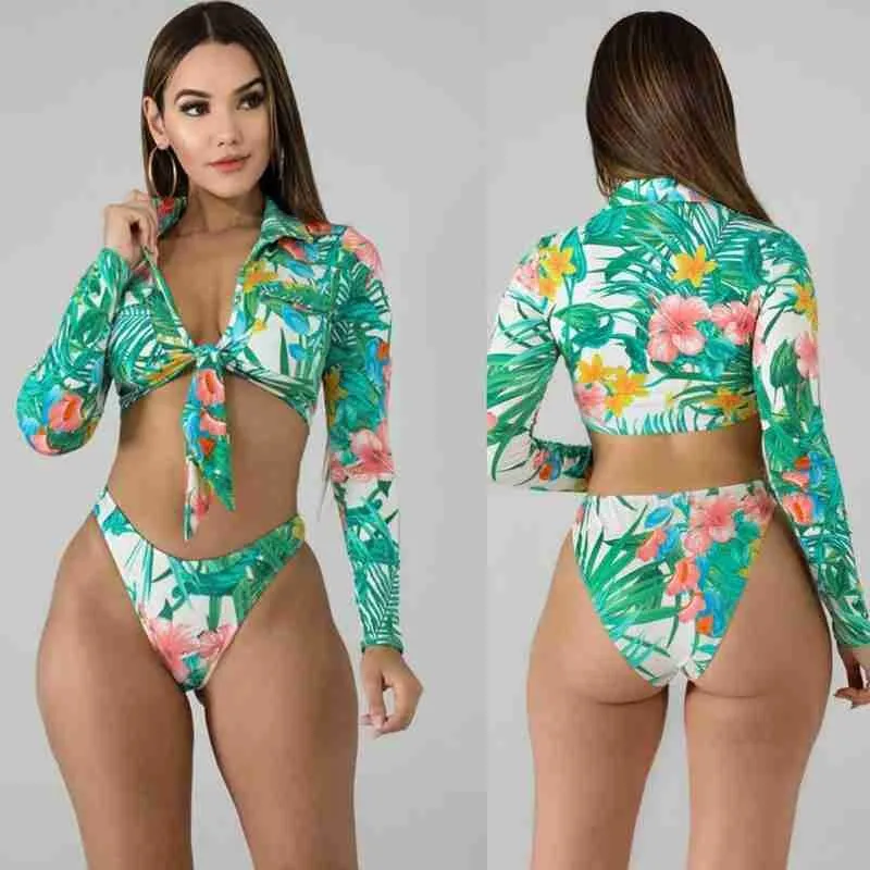 

Green Leaves Print 2020 Sexy Long Sleeve Bikinis Women Swimsuit Bathing Suits Beachwear Brazilian Bikini Set Biquini Female
