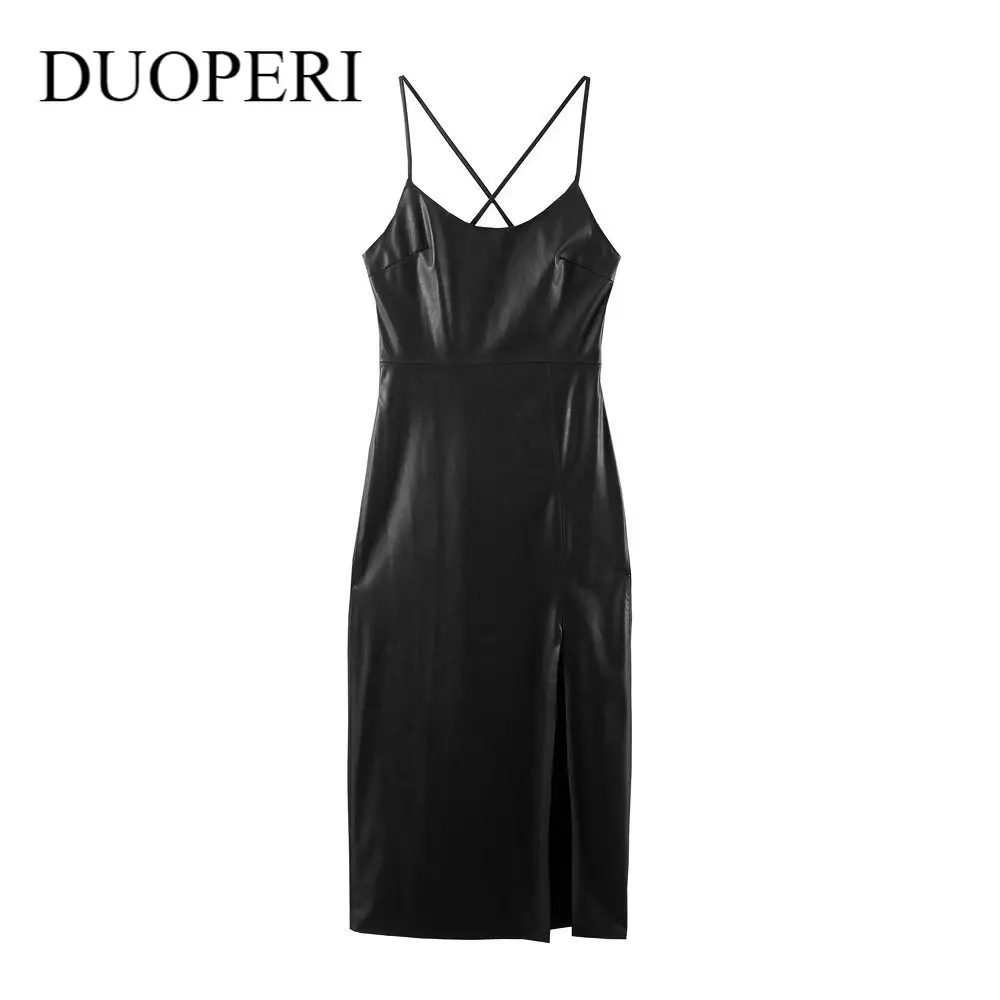 

DUOPERI Women Fashion Black Faux Leather Camisole Dress Thin Straps Invisible Zipper Slit Hem Fashion PU Midi Dresses Female