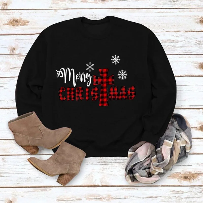 

Women Hoodie Merry Christmas Cross Plaid Letter Printed Hoodies Women Fleece Long Sleeve O Neck Loose Sweatshirt Girls Pullovers