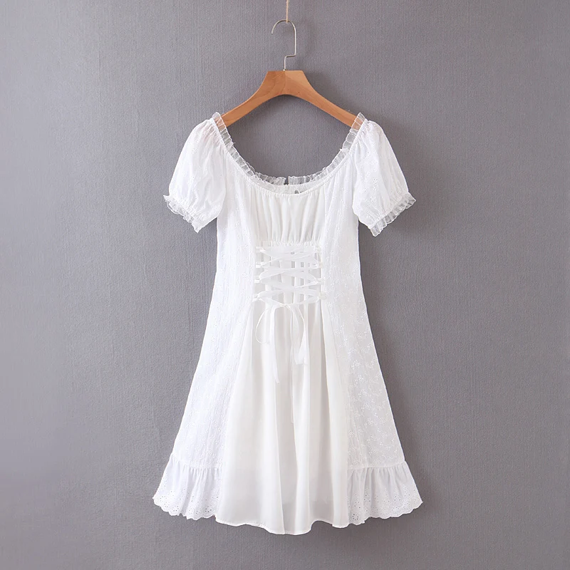 

White embroidery lace up dress women 2020 summer ruffle vintage beach dress famale puff sleeve hollow out tulle dress vestidos