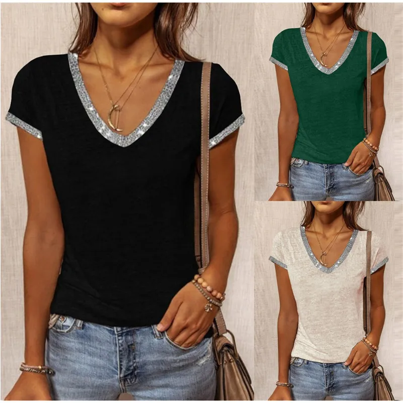 

2021 Women's Summer Street Hipster Hot Style Hedging Sexy V-Neck Stitching Contrast Casual Slim Short-Sleeved New T-Shirt