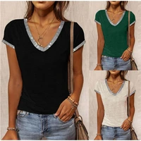 2021 womens summer street hipster hot style hedging sexy v neck stitching contrast casual slim short sleeved new t shirt