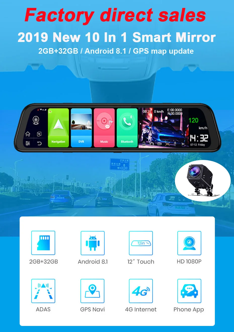 WHEXUNE 12 дюймов 4G Автомобильные видеорегистраторы ADAS Android 8,1 Dash Cam камера gps навигация FHD 1080P двойной объектив видео регистратор Dashcam