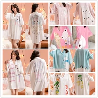 women nightgown button sleepshirt satin chiffon pajamas sleepwear loose big shirt blouse printed cute kawaii robe nightdress