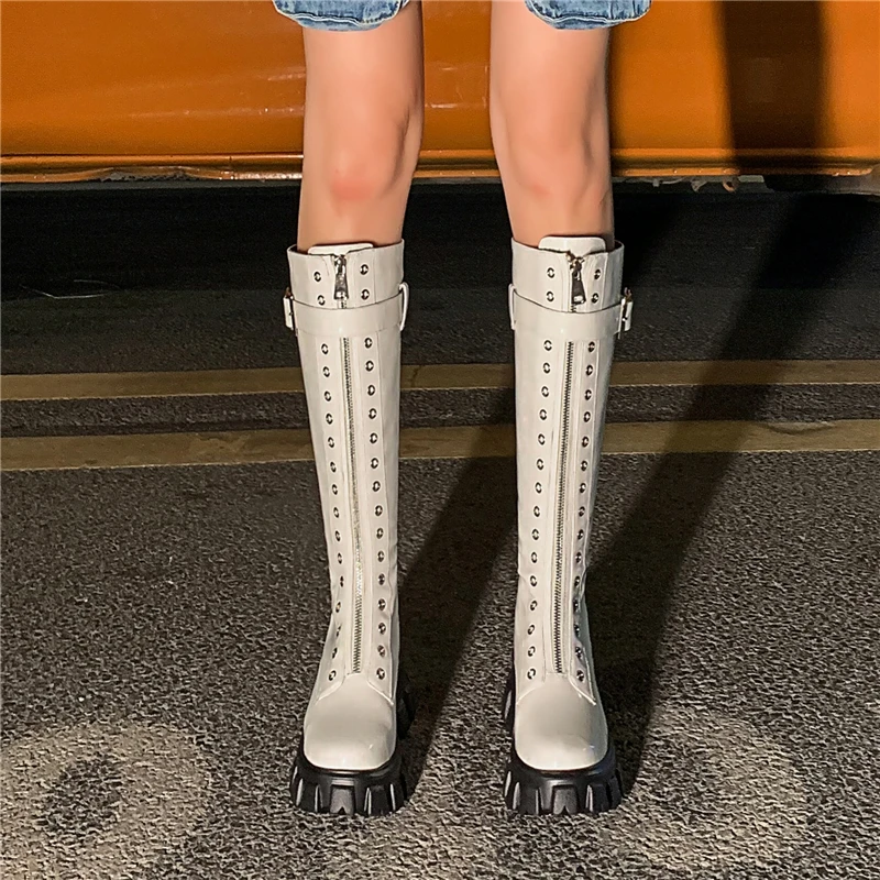 

VERCONAS Fashion Popular Women Knee-High Boots Platforms Rivets Genuine Leather Casual Shoes Woman Autumn Winter Round Toe Boots