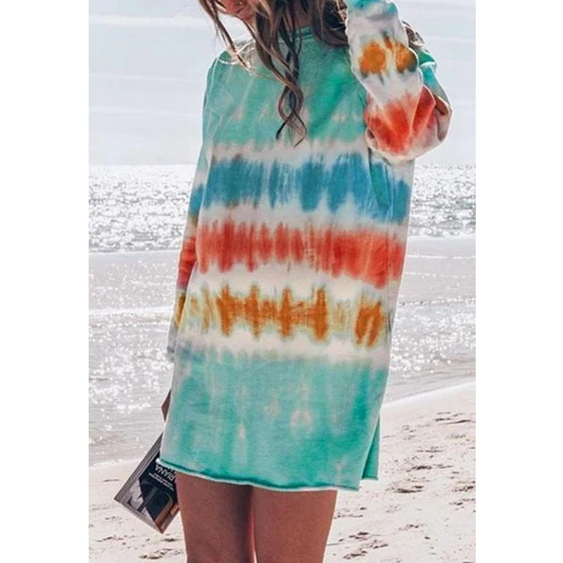

Mandylandy Dress Women's Casual Long Sleeve O-Neck Straight Dress Spring and Summer Fashion Tie-Dye Print Loose Dress