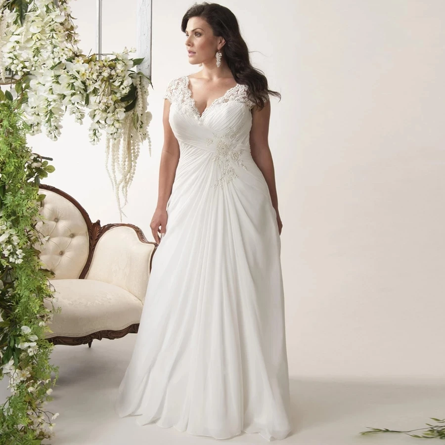 

Sexy Wedding Dresses Chiffon Appliques Plus Size V-Neck Short Sleeve Lace Up A-Line Bridal Gowns Novia Do 2021 Vestidos