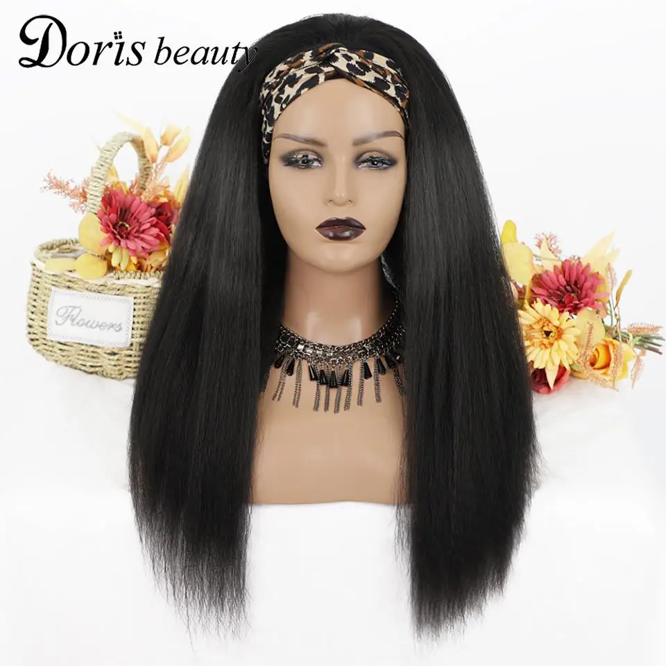 

Парики женские из парик с головной повязкой синтетических длинных черных синтетических волос с повязкой на голову