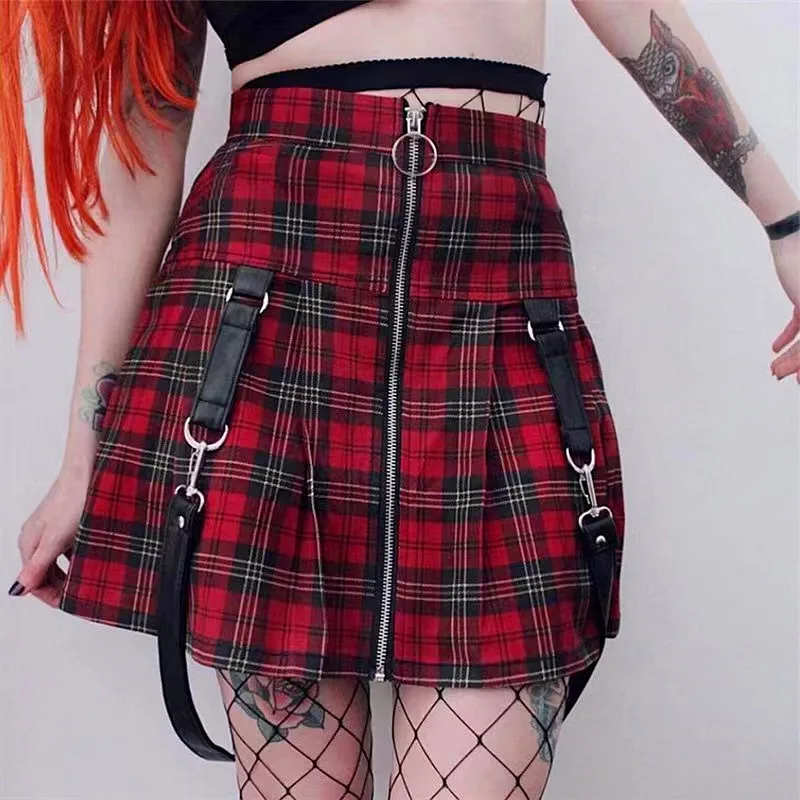 

2021Women's Stitching Plaid Zipper A-line Skirt College Style Mini Empire Solid Color Retro
