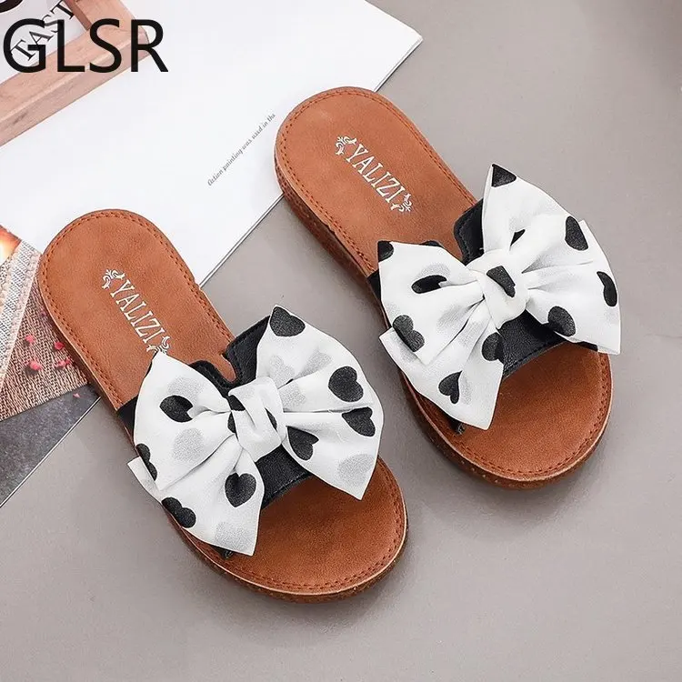 

Тапки женские с бантом-бабочкой, Повседневные Удобные уличные тапочки на плоской подошве, с открытым носком, модные, лето