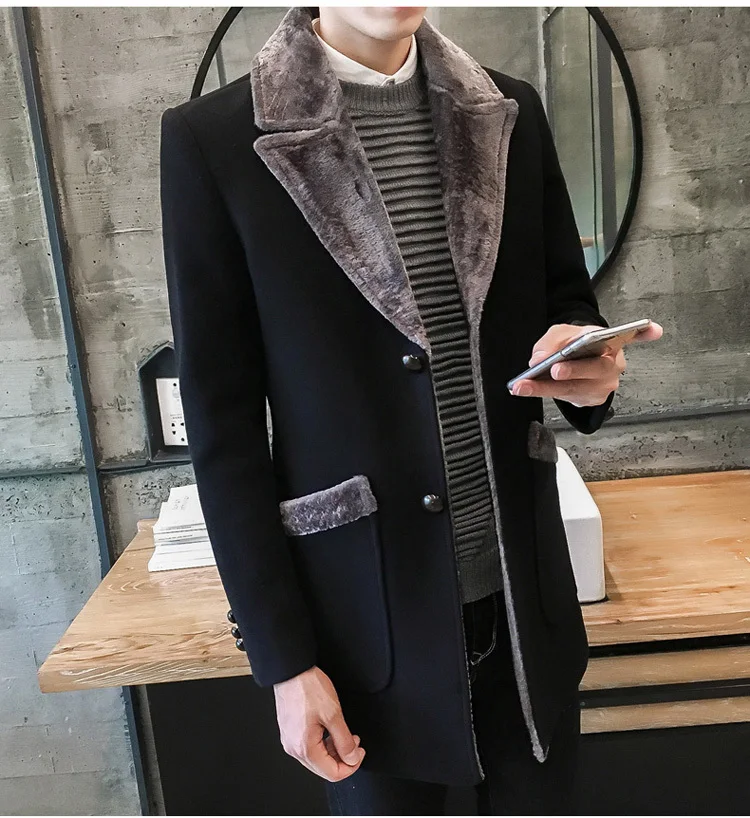 Fur Collar Trench Coat Men Wool Blend Winter Coat Slim Fit Men Manteau Homme Mid-Long Black Grey Mens Trench Coat Blue 4xl 5xl