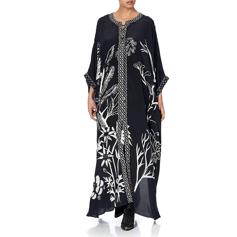 

Oversized Beachwear Long Sleeve Print Robe Beach Dress Women21 Summer Black Blue Loose Fashion Cover-Ups Female CX1467