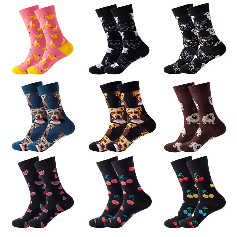 

Mens Socks Funny Cute Breathable Cartoon Fruits Animals Pattern Banana Cherry Dogs Cats Happy Novelty Women Socks calcetines