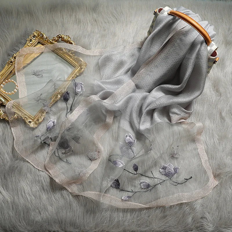 

Новинка 2021, женский Шелковый шерстяной шарф с вышивкой, Женская шаль