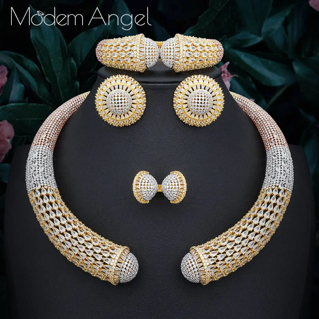 ModemAngel известный бренд диск Роскошные нигерийские Свадебные невесты кубического циркония ожерелье Дубай 4 шт. комплект ювелирных изделий
