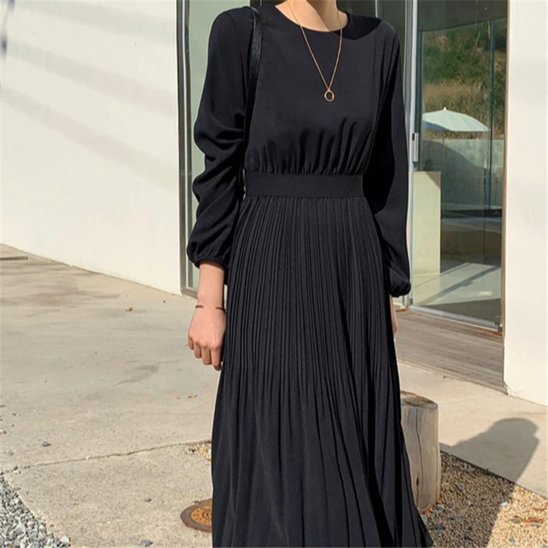 BGTEEVER элегантное Плиссированное женское платье с круглым вырезом винтажное на
