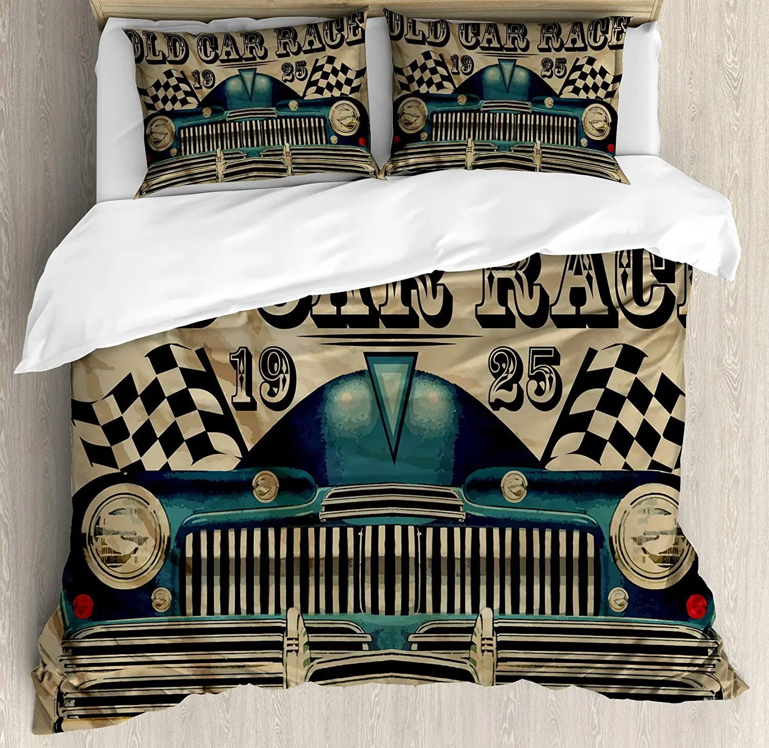 

Cars Bedding Set Traditional Old Car Race Theme Nostalgic American Car with Flags Rusty Look Duvet Cover Set Pillowcase for Home