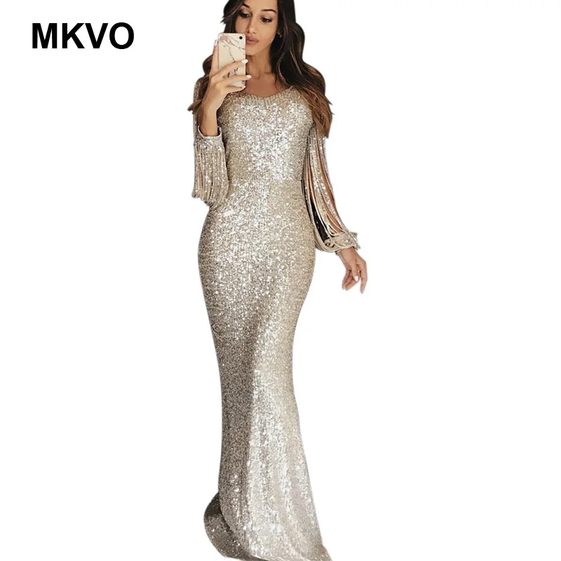 Женское винтажное платье макси с блёстками длинным рукавом кисточками модное