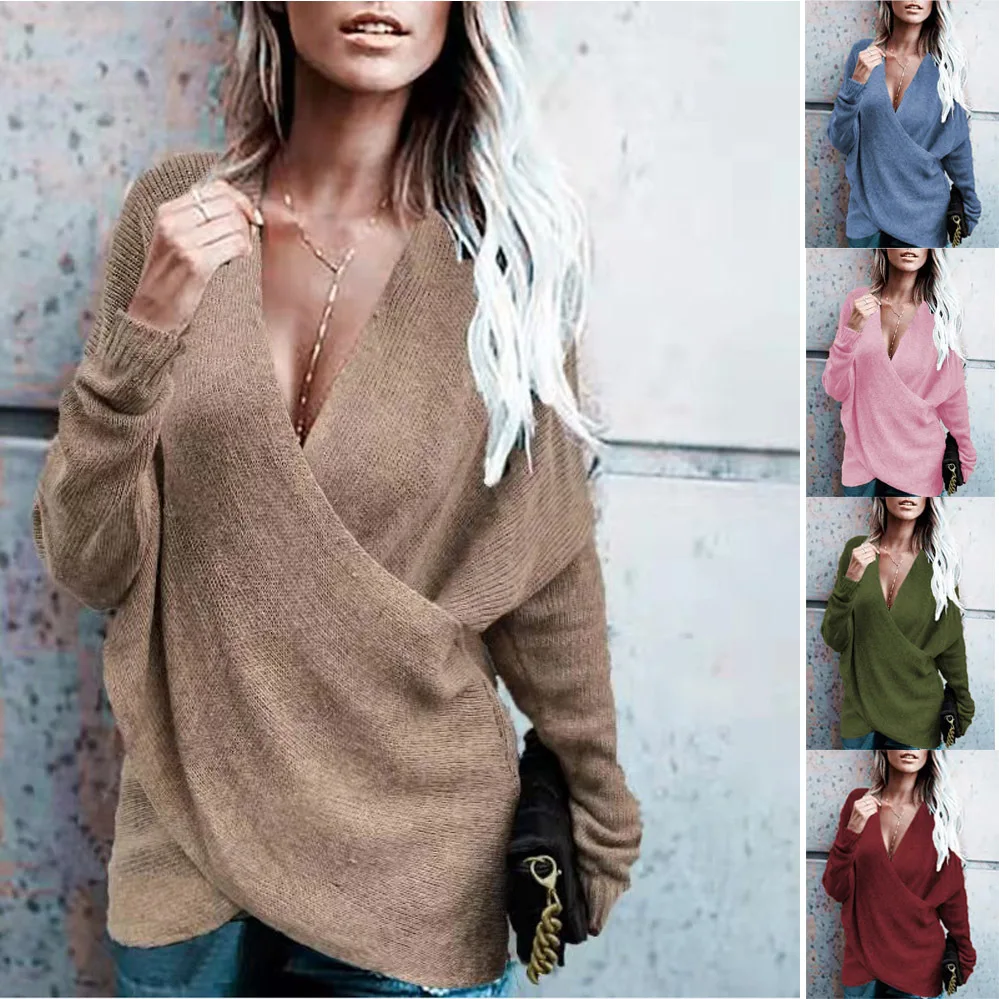 

Женский свитер с длинным рукавом, повседневный свободный облегающий пуловер с перекрестными вставками, Шикарный джемпер, Осень-зима 2021