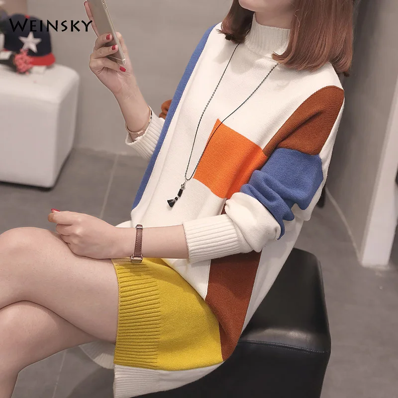 Women Turtleneck Long Knitted Sweater And Pullovers Korean Fashion Casual Style Female Sweaters 2019 Autumn Winter New Tops | Женская