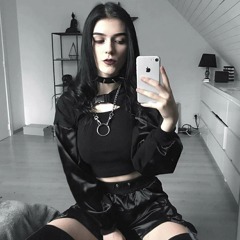 InstaHot/черные топы с пряжкой, с длинным рукавом, для женщин, из хлопка, сексуальная Готическая панк-осенняя тонкая футболка, уличная Футболка Harajuku