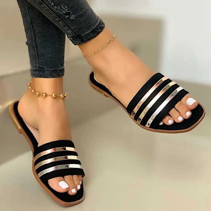 

Summer Sandals Women Slip On Bling Sequins Outdoor Beach Flat Slippers for Woman Plus Size Casual Shoes Woman 2021