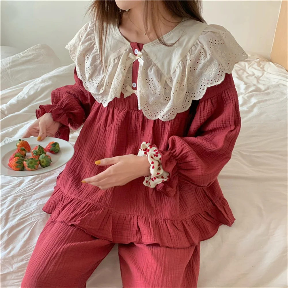 

Женский хлопковый кружевной пижамный комплект 대민민red, Повседневная стильная новая осенняя шикарная домашняя одежда для принцессы, Свободн...