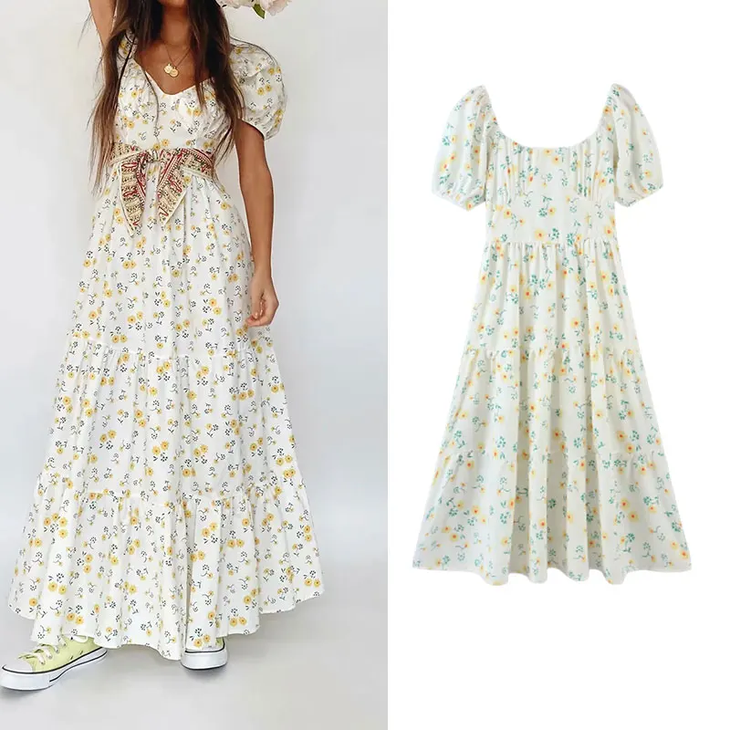 

Платье PPYQYKX Za, модель 2021 года, женское летнее модное платье с цветочным принтом на спине, перекрестными рукавами-фонариками, повседневное дл...