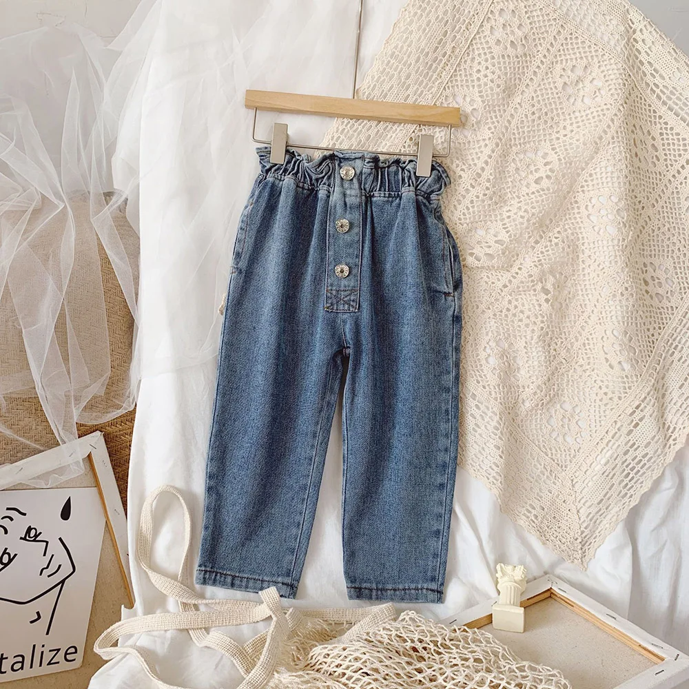 

Hollead Baby Jeans Frill Elastic Waist Denim Pant Solid Color Girls Spring Autumn Jeans 2021 Baby Girl Casual Toddler Clothes