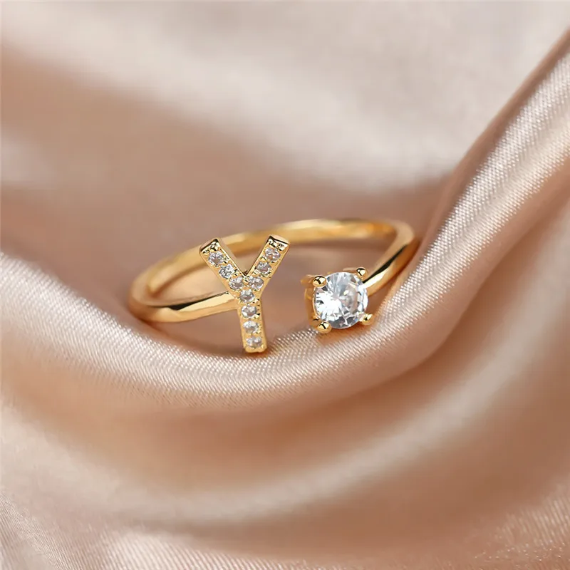 

Simple Female Letter Y Zircon Jewelry Cute Gold Color Wedding Rings For Women Luxury White Round Crystal Engagement Open Ring