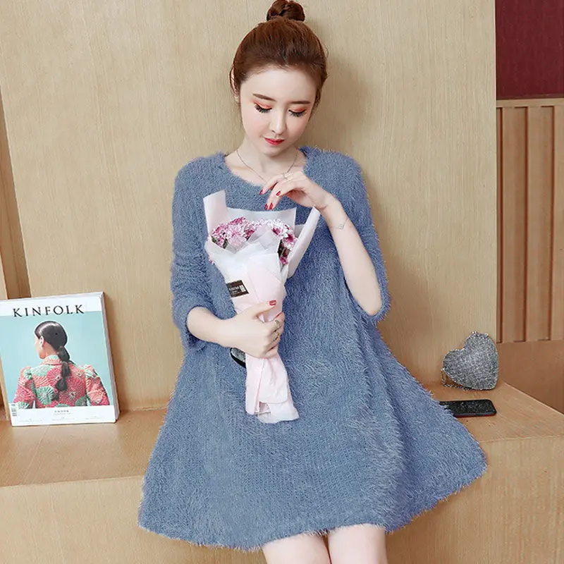 Мохеровое трикотажное платье женское с круглым вырезом 2020 осень зима девушка
