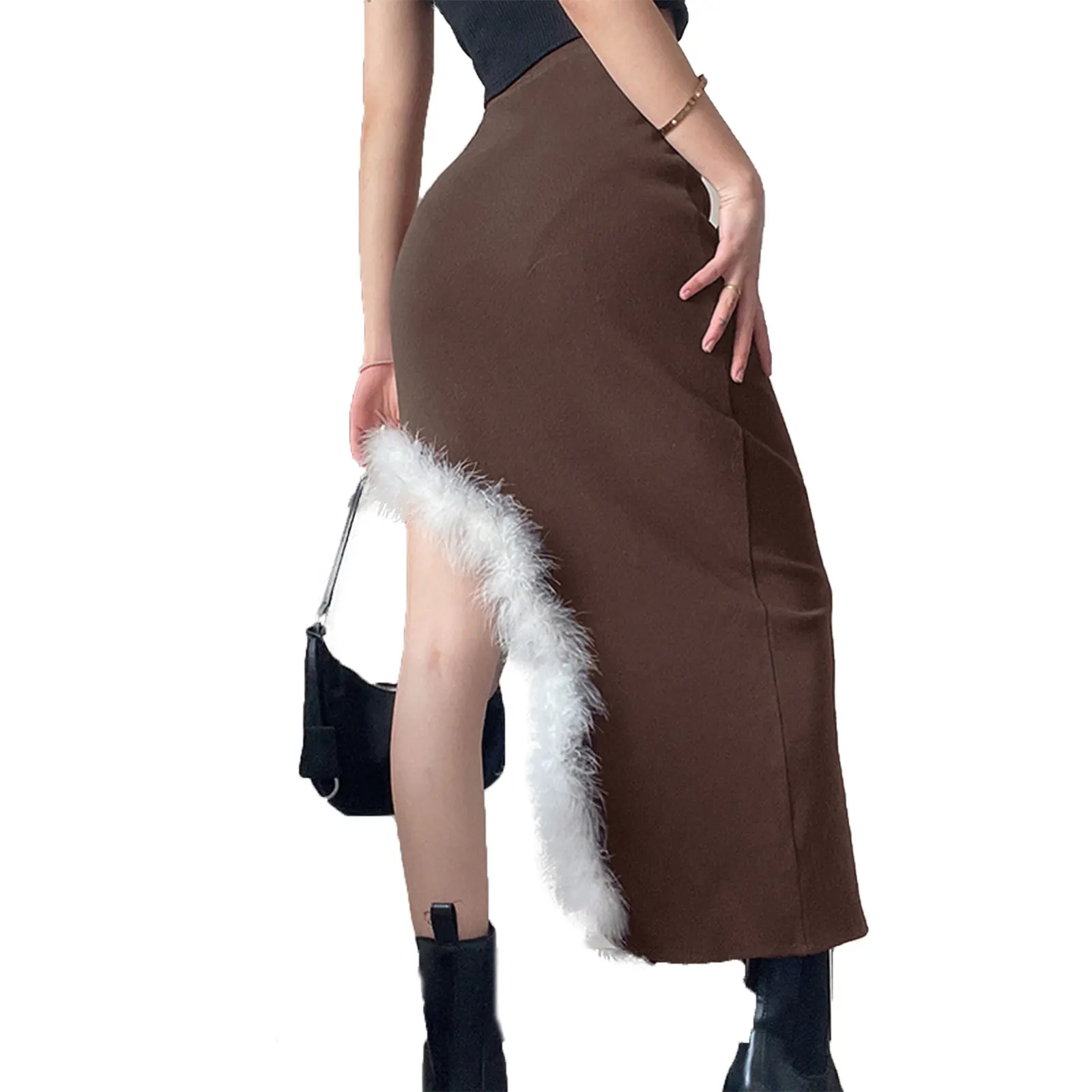 Женская модная Однотонная юбка с высокой талией и пушистыми краями