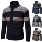 Мужской утепленный плюшевый свитер, трикотажный кардиган с воротником-стойкой и цветным блокировкой, Осень-зима