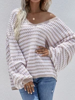 sexy v neck women sweaters autumn winter knitted striped sweater latern sleeve loose jumper ladies tops warm pullover pull femme