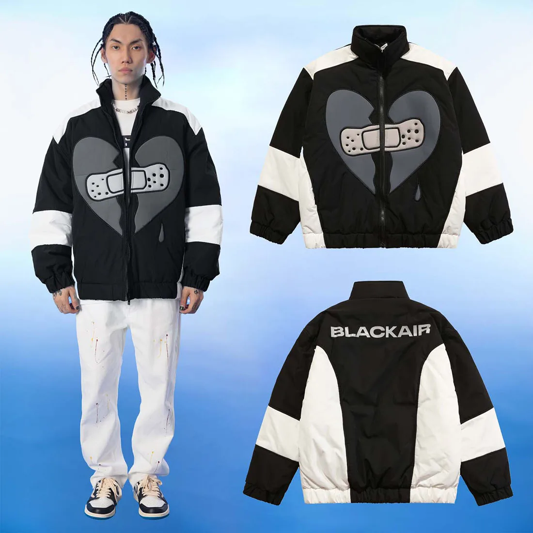 ATSUNNY Patchwork Heart Padded Jacket for Men Stitching Color Love Thick Coat Winter Retro Oversized Cotton Jacket Streetwear