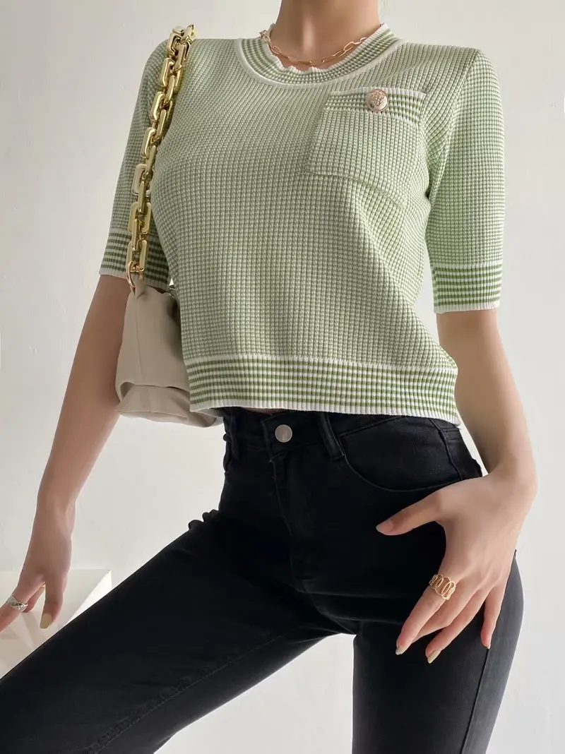 

Sweet Contrast Color Short-sleeved Knitted Women's Shirt Summer Short Korean Style Japanese Pocket Chic Female Tops