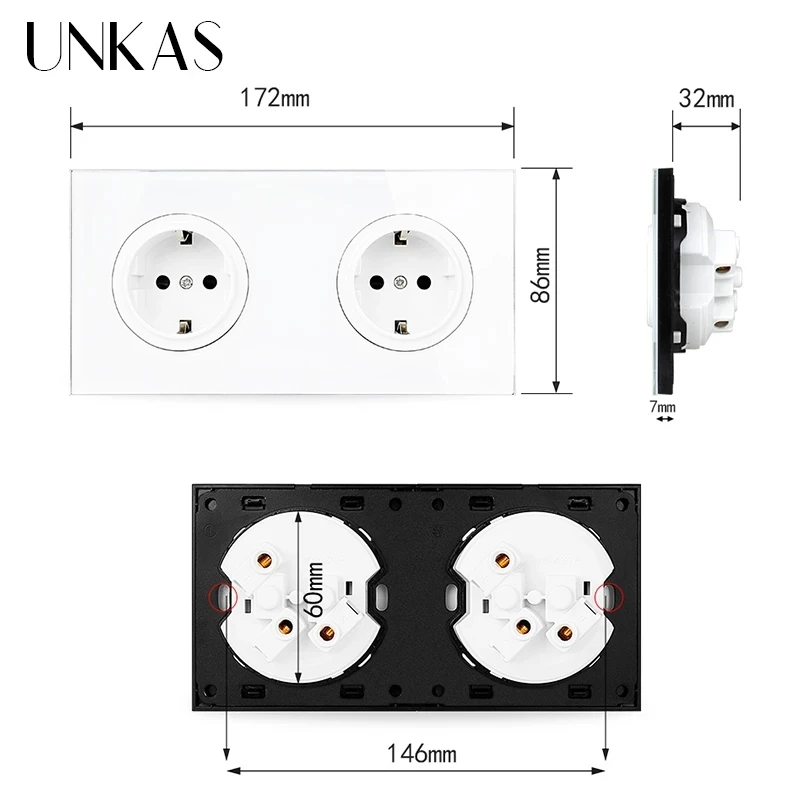 Двойная розетка UNKAS с европейской Золотой стеклянной панелью + вентилятор