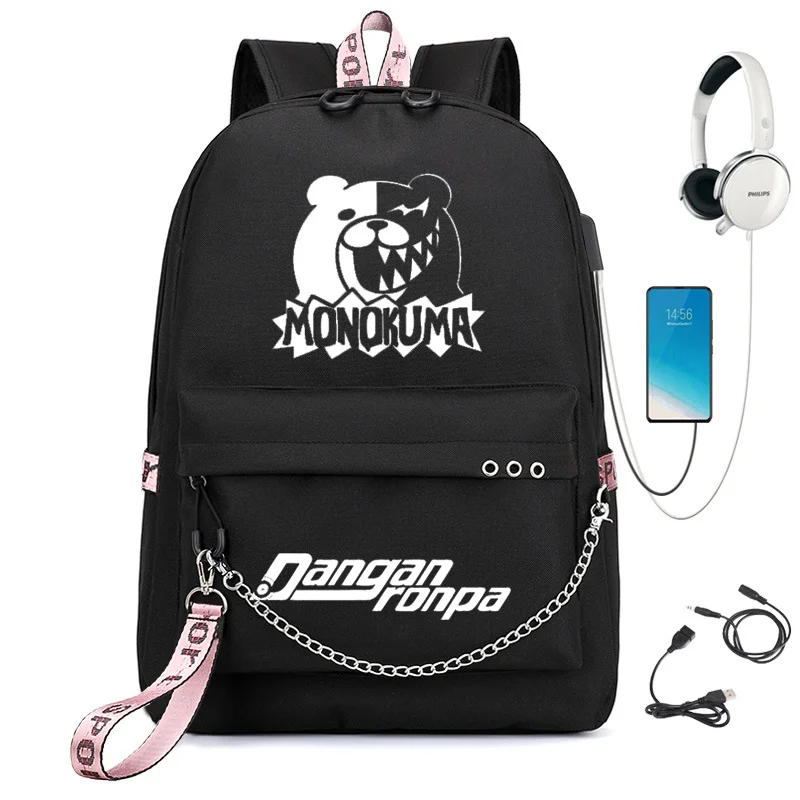 Аниме Danganronpa: Trigger Happy цепь рюкзак для женщин USB зарядка холст студенческий