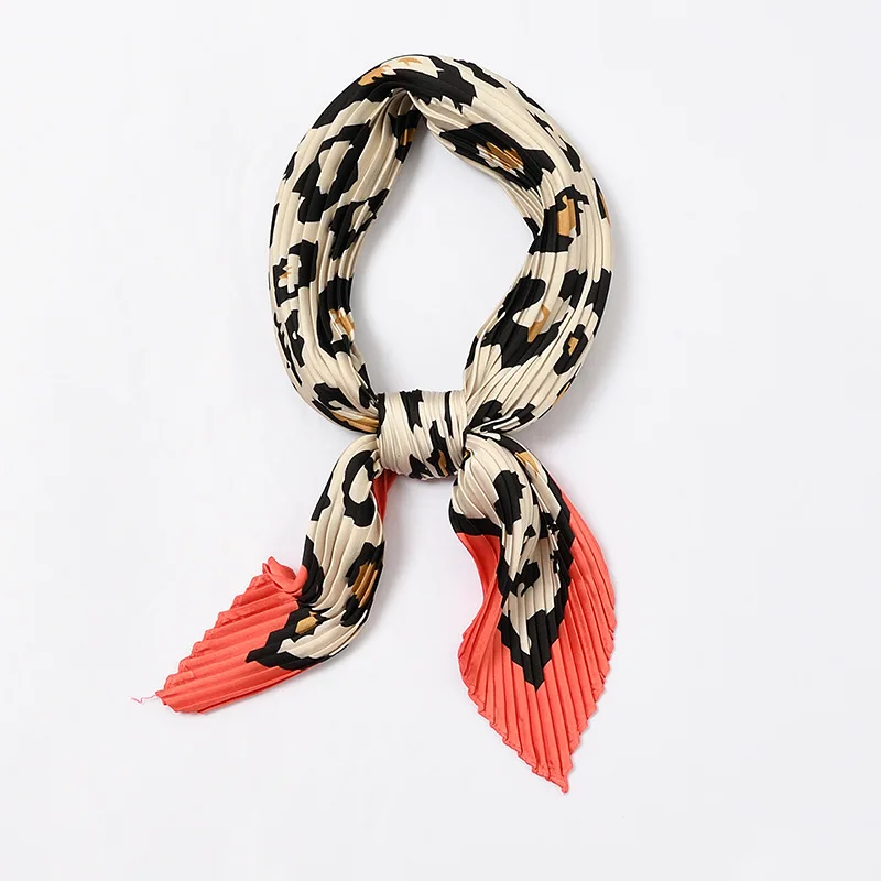 

Fashion Bright Plaid Silk Crinkle Scarf Women Pleated Neck Bandana Square Headwear Crumple Kercheif 55*55CM