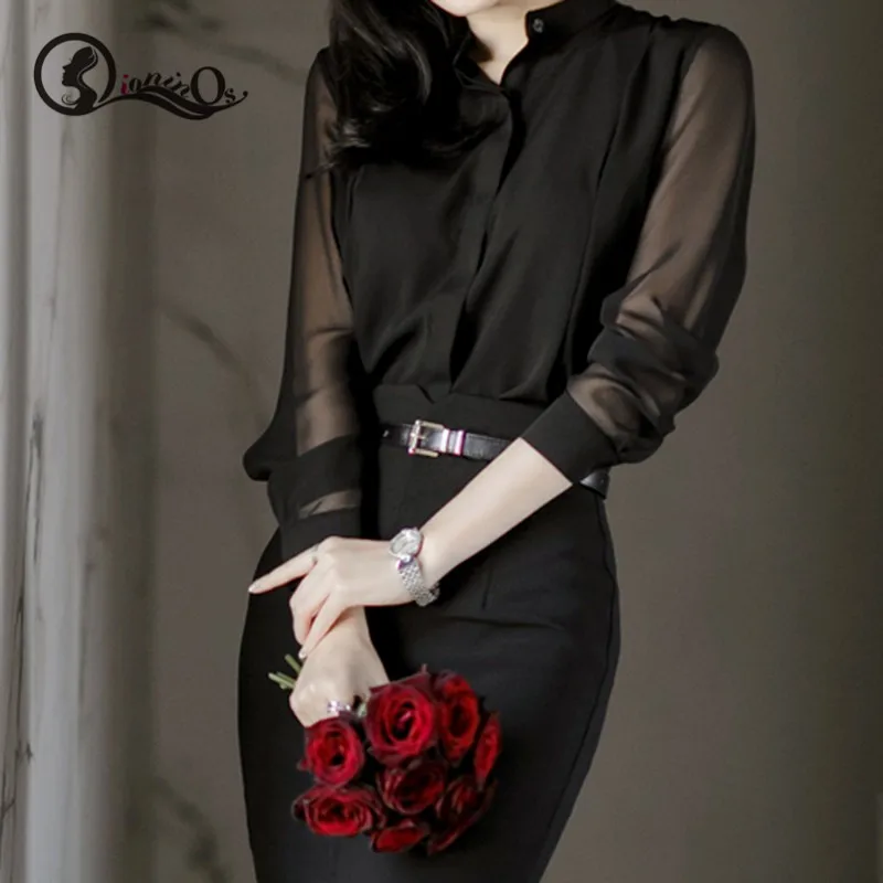 

Women New Blouse Summer Black Perspective Chiffon Shirt Office Style Fashion Sexy Stand Collar Long-sleeved Ladies Blouse