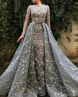 gray moroccan muslim evening dresses a line long sleeves tulle appliques long luxury turkey dubai saudi arabia prom dress gown