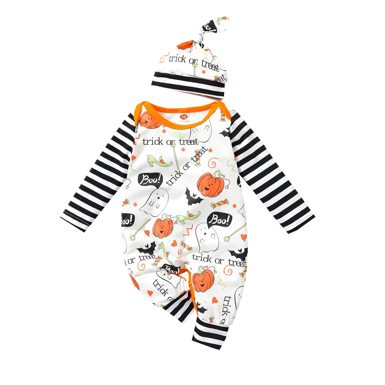 

2Pcs Baby Halloween Outfit Cartoon Pumpkin Ghost Stripe Long Sleeves Romper + Knotted Hat for Toddler Girls Boys 0-24 Months