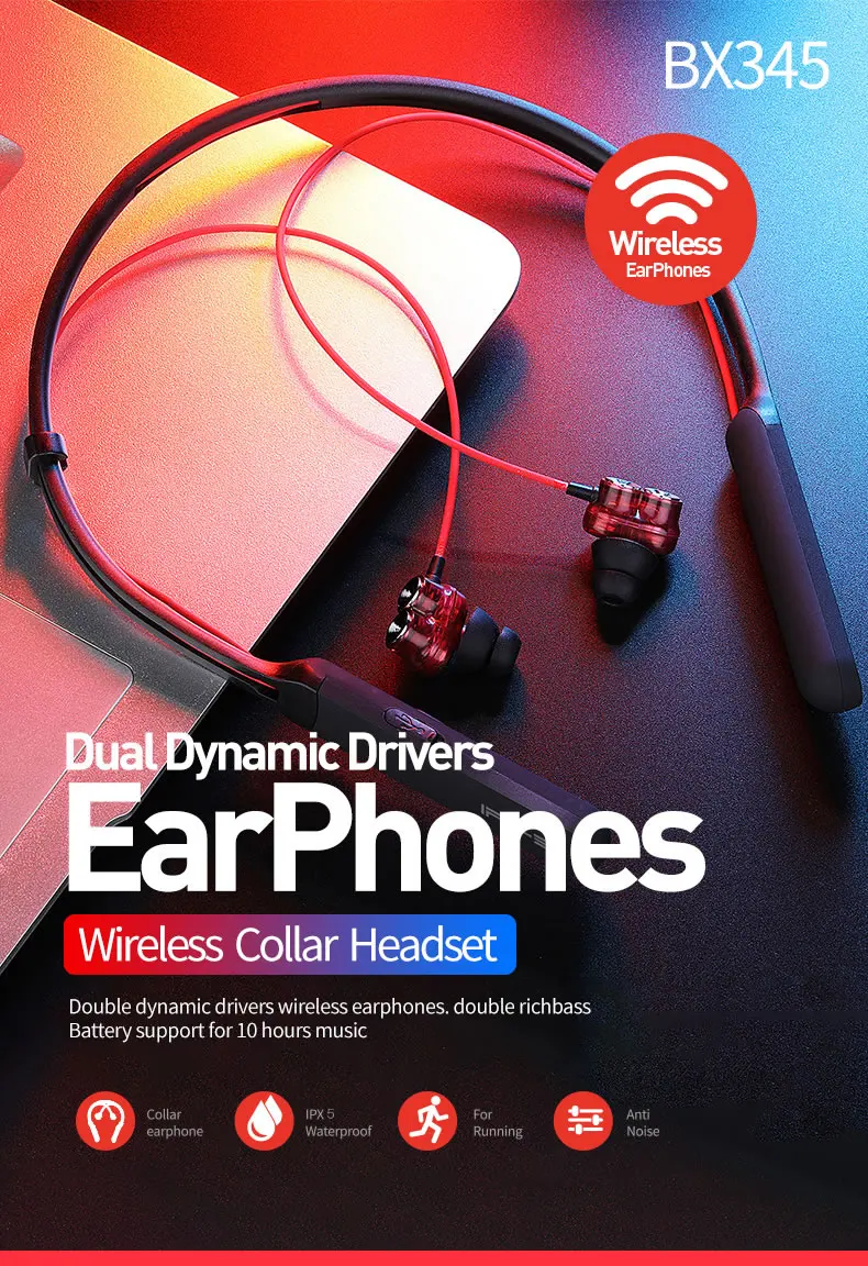 Plextone BX345 Bluetooth беспроводные наушники Шейная гарнитура для iPhone, двойные динамики наушники спортивные наушники для бега с микрофоном гарнитура