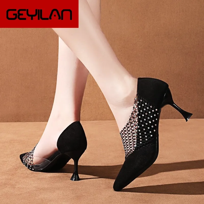 Женские модные туфли на высоком каблуке украшенные сеткой дышащие черные