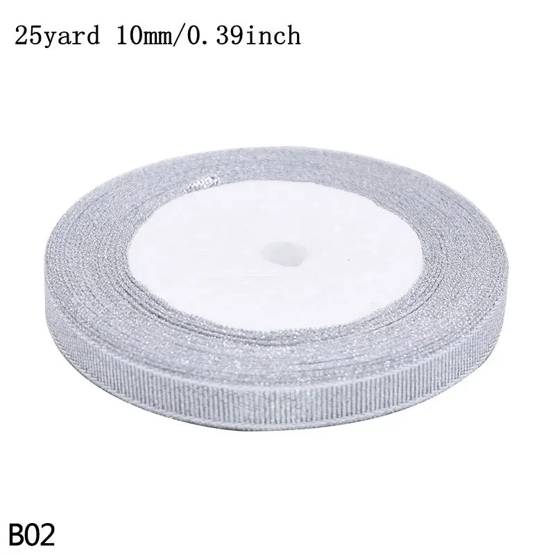 B02-silver-10mm 25yard 15/20/25 мм Золотая, серебряная, блестящая атлас органза лента вышитые ленты DIY Швейные рукоделие Упаковка для подарков на Рождество Декор - Цвет: B02-silver-10mm