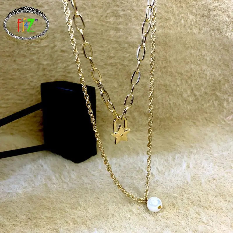 

F.J4Z 2021 Pop Pendant Necklace for Women Double Chain Star Simulated Pearl Choker Necklace Lady Statement Jewelry